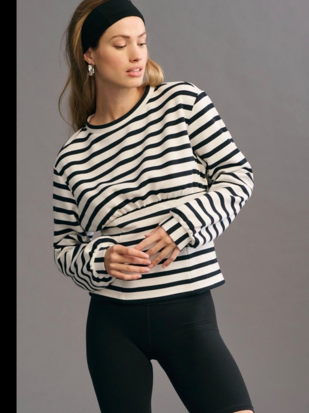 Maeve Corset Waist Striped Sweatshirt XS Smocked Frenchie Breton Coastal Chic